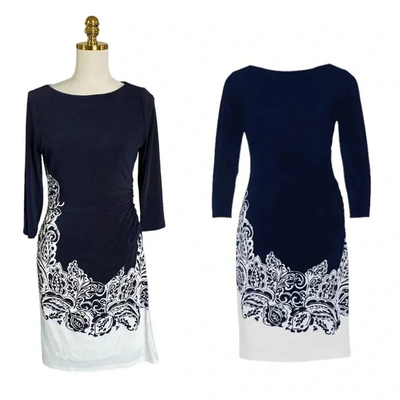 RALPH LAUREN |Women’s Navy/White Paisley Print Sheath Midi Bodycon Dress Sz 10P - Picture 4 of 9